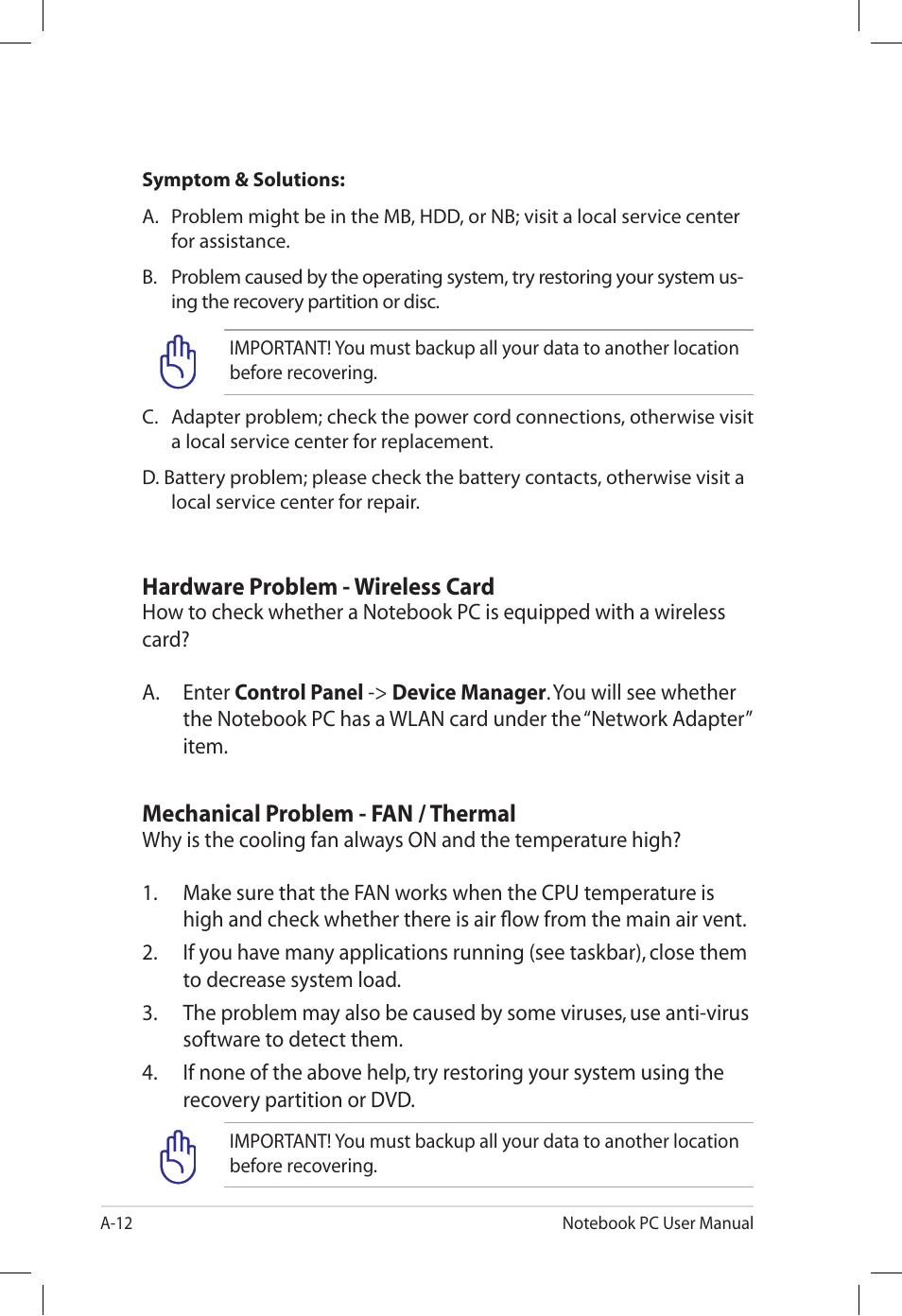Hardware problem - wireless card, Mechanical problem - fan / thermal | Asus U57A User Manual | Page 88 / 118