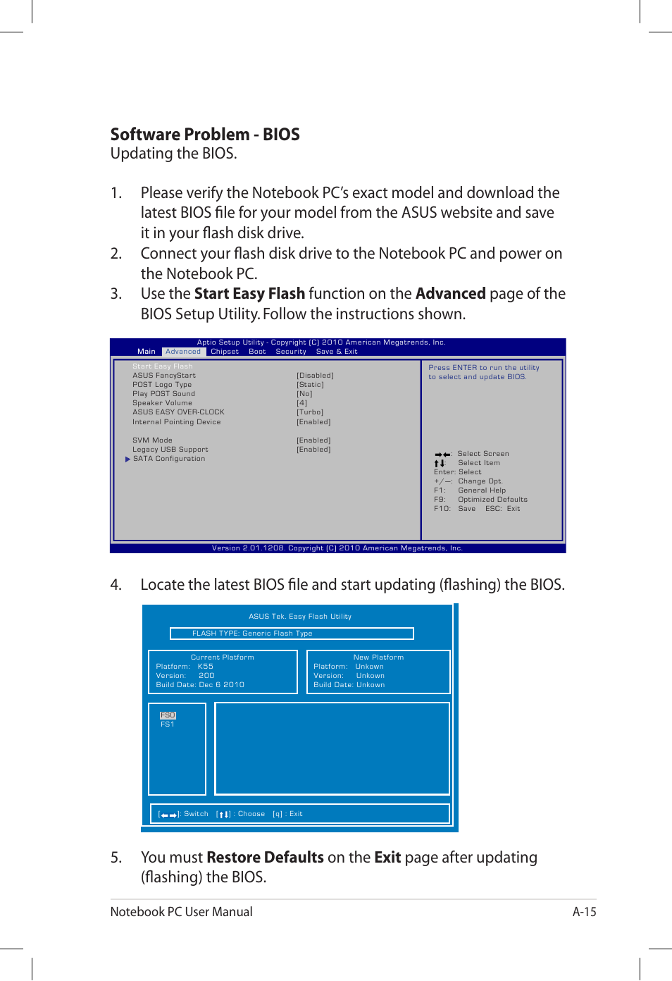 Software problem - bios | Asus U57A User Manual | Page 91 / 118