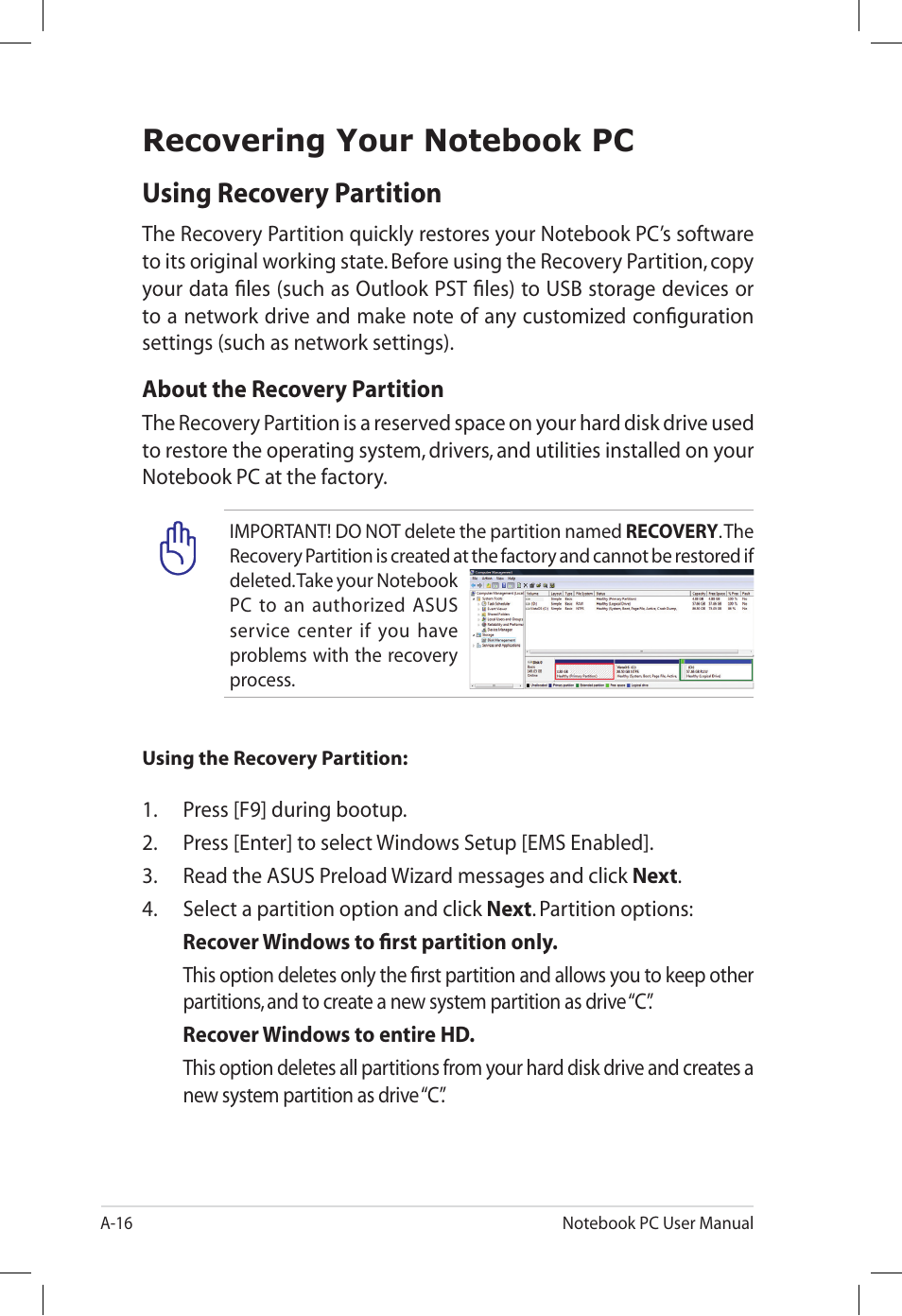 Recovering your notebook pc, Using recovery partition | Asus U57A User Manual | Page 92 / 118