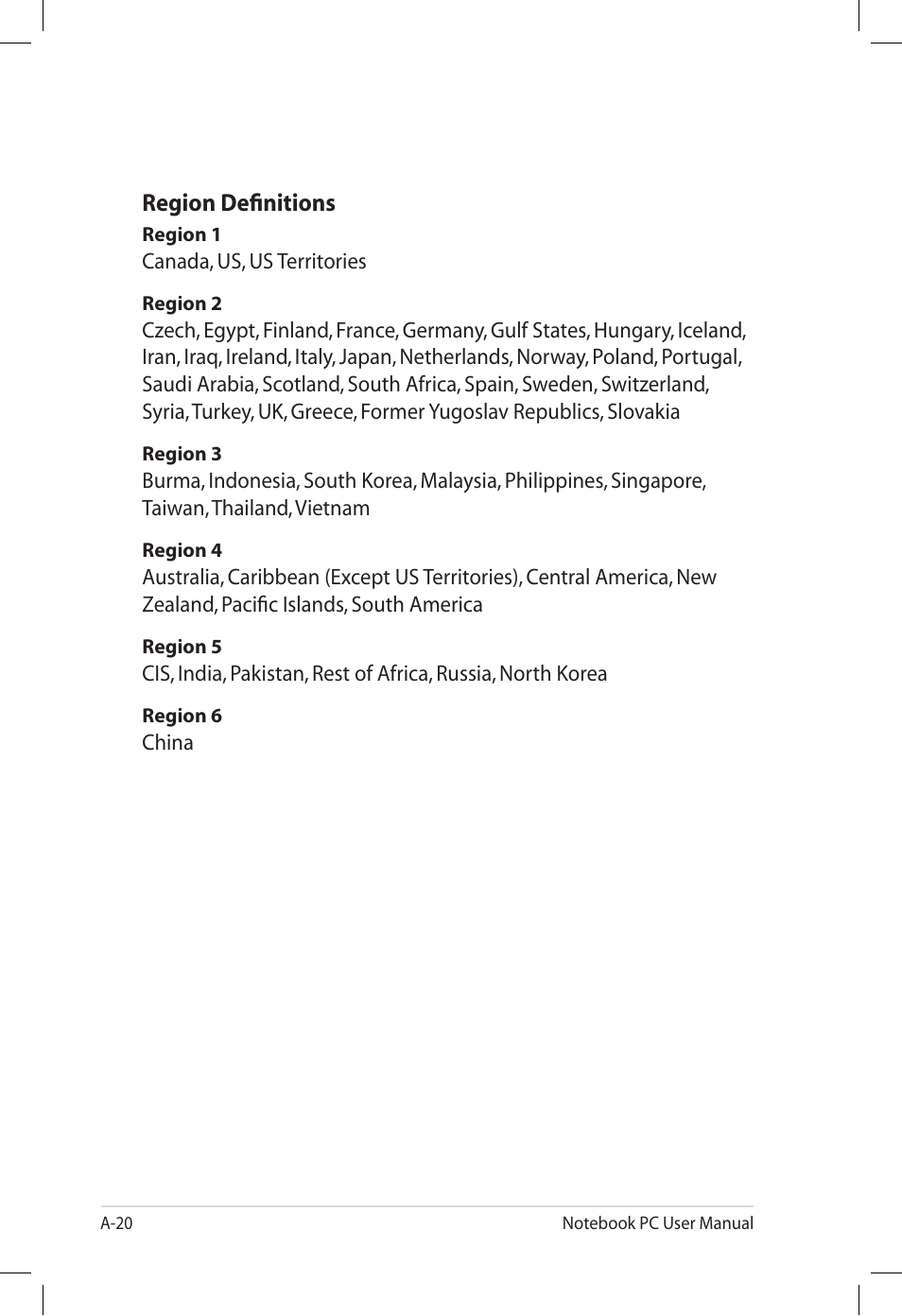 Region definitions | Asus U57A User Manual | Page 96 / 118