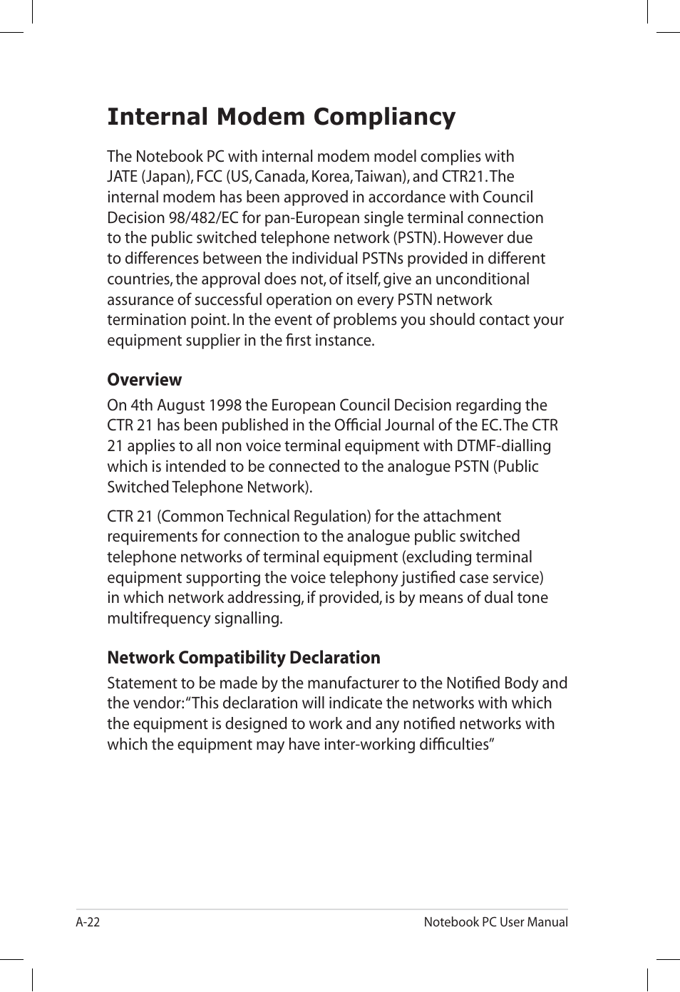 Internal modem compliancy | Asus U57A User Manual | Page 98 / 118