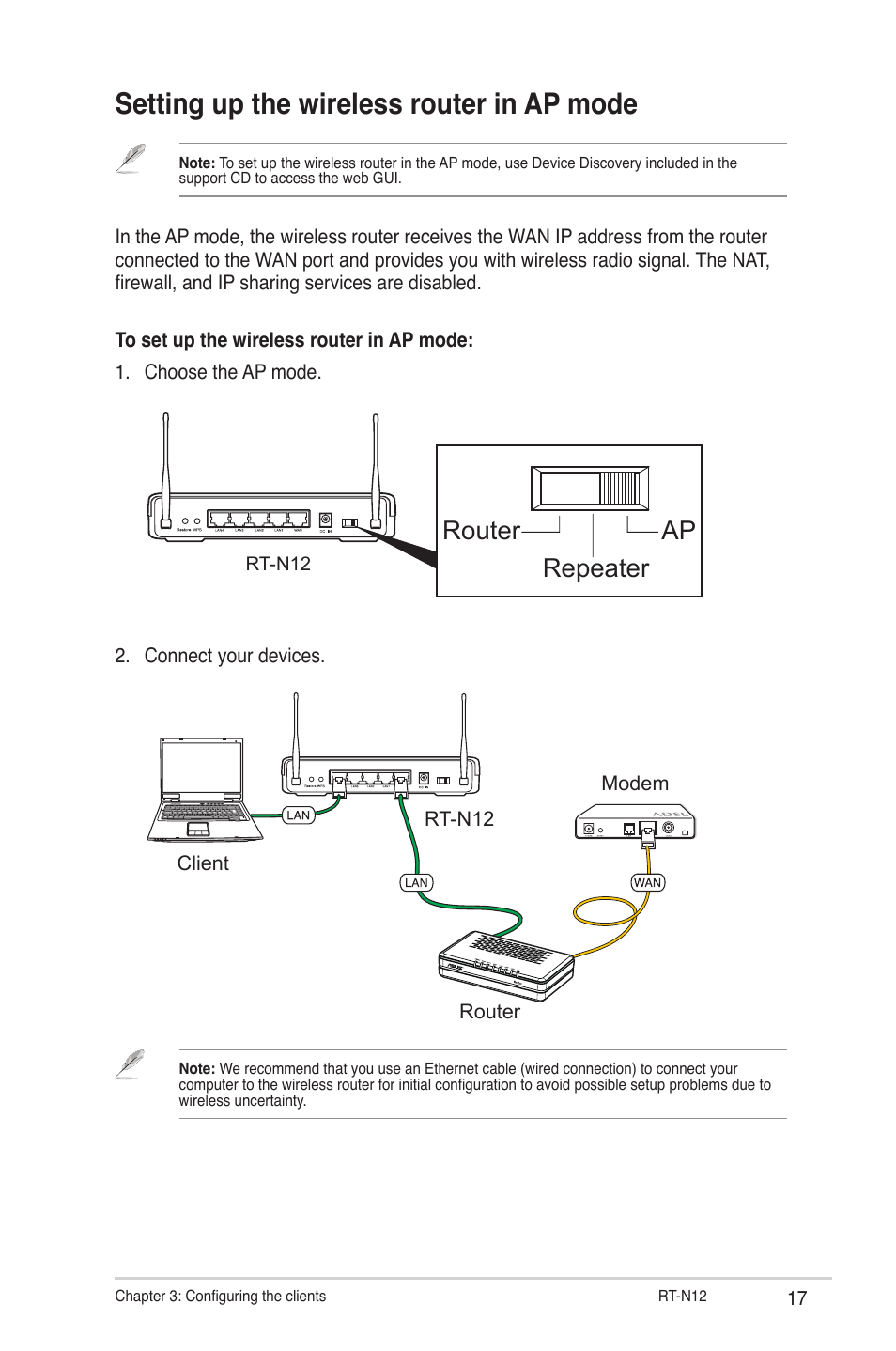 Setting up the wireless router in ap mode, Router ap repeater | Asus RT-N12 User Manual | Page 17 / 58