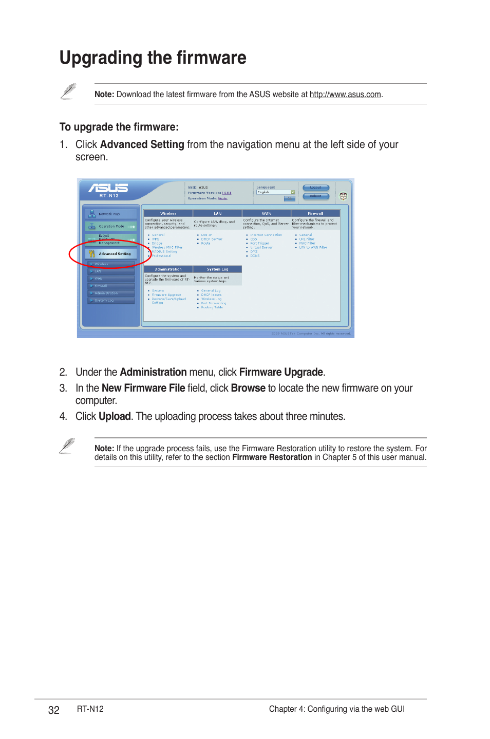 Upgrading the firmware | Asus RT-N12 User Manual | Page 32 / 58