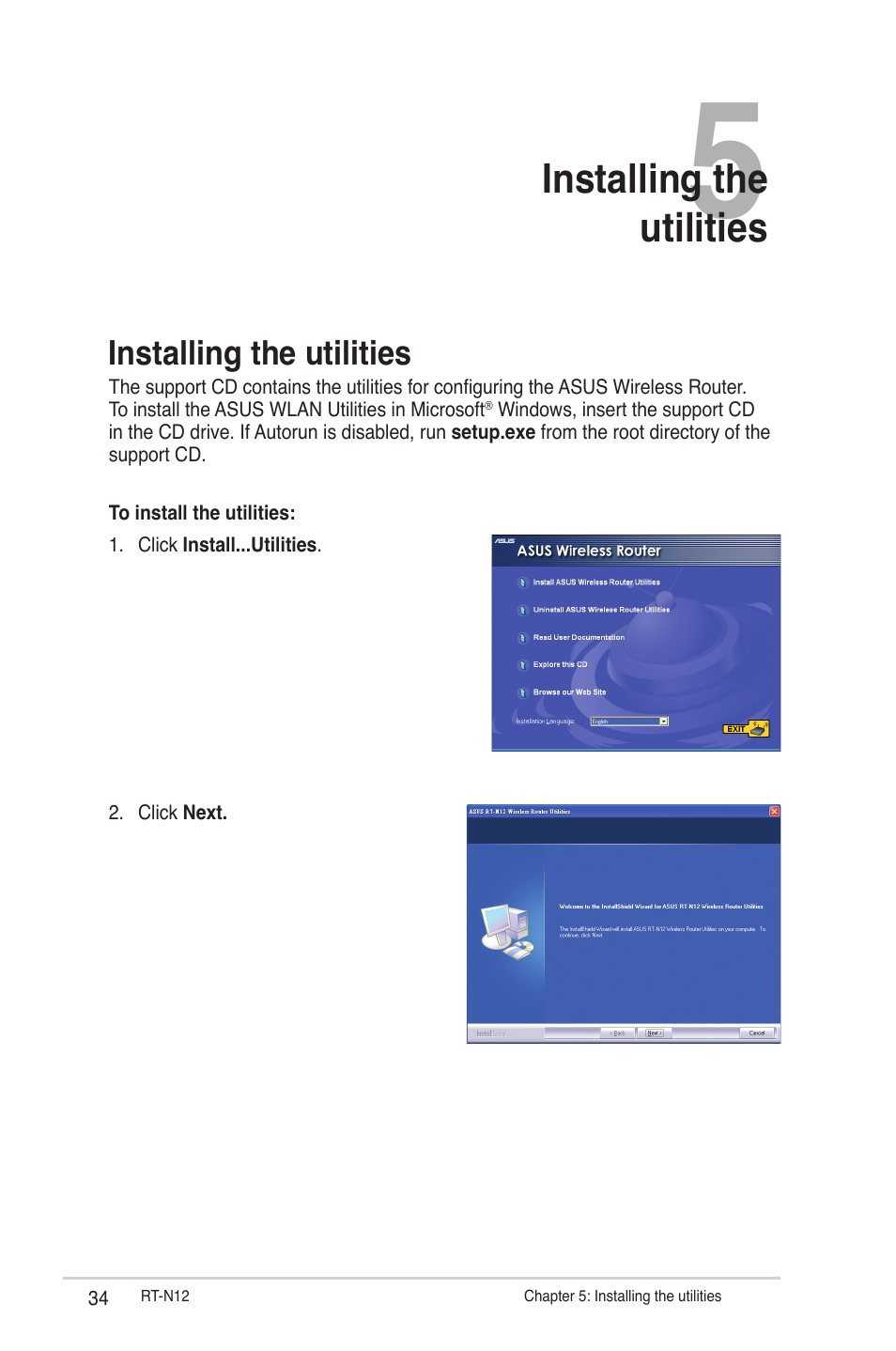Chapter 5: installing the utilities, Installing the utilities | Asus RT-N12 User Manual | Page 34 / 58