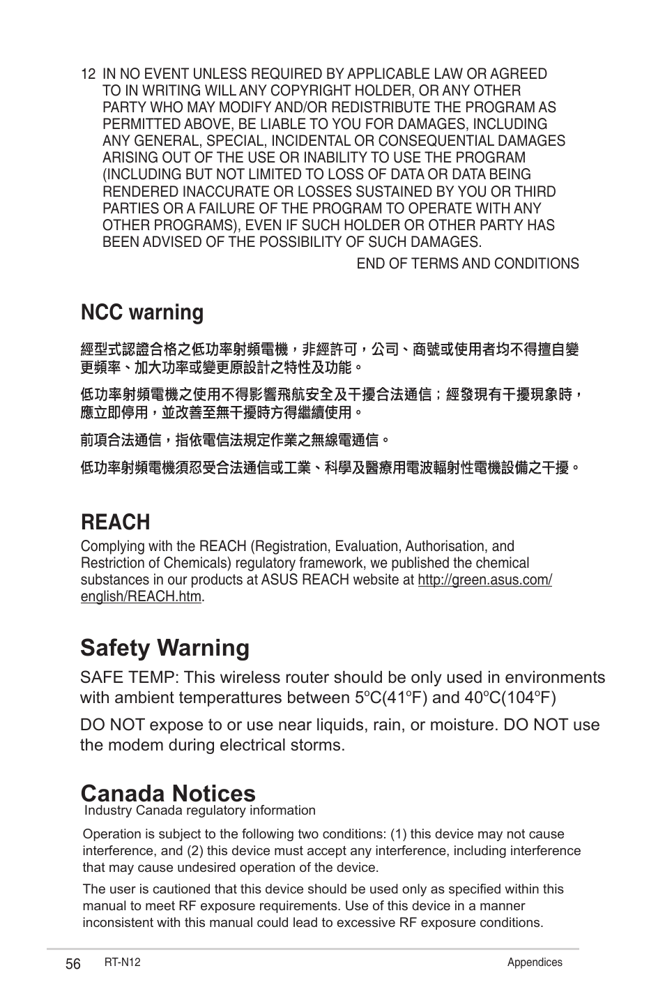 Safety warning, Canada notices, Ncc warning reach | C(41, F) and 40, C(104 | Asus RT-N12 User Manual | Page 56 / 58