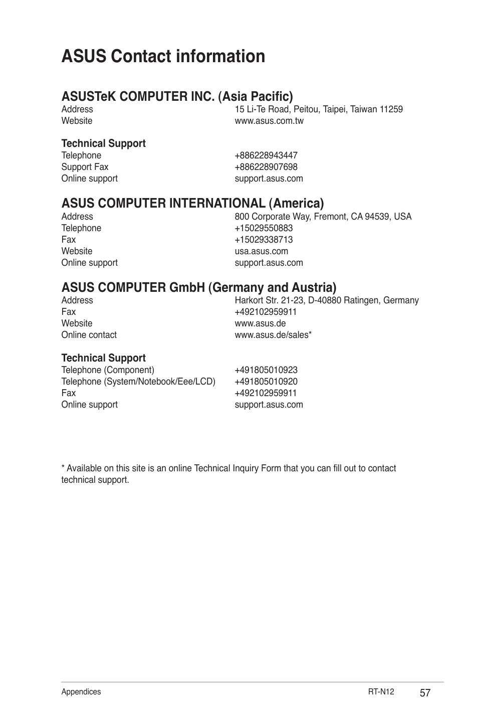 Asus contact information, Asustek computer inc. (asia pacific), Asus computer international (america) | Asus computer gmbh (germany and austria) | Asus RT-N12 User Manual | Page 57 / 58