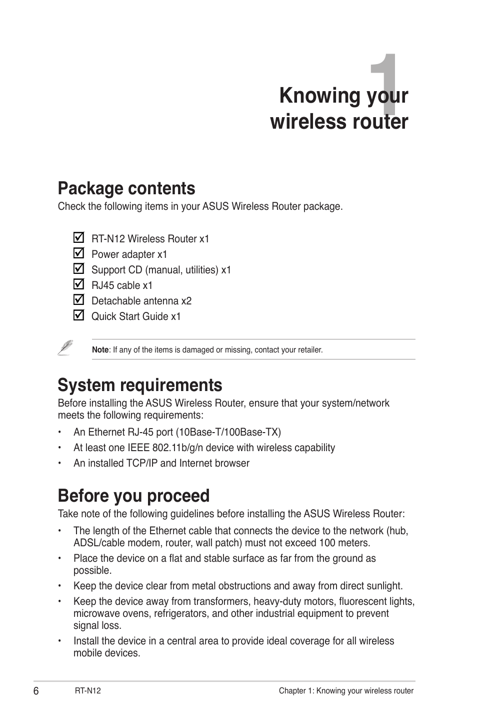 Chapter 1: knowing your wireless router, Package contents, System requirements | Before you proceed, Knowing your wireless router | Asus RT-N12 User Manual | Page 6 / 58