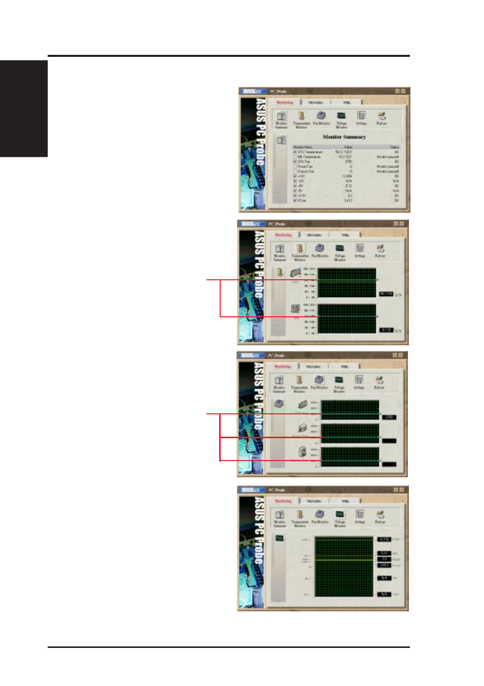 Vi. software reference, Using asus pc probe, Monitoring | Asus P2-99B User Manual | Page 68 / 96