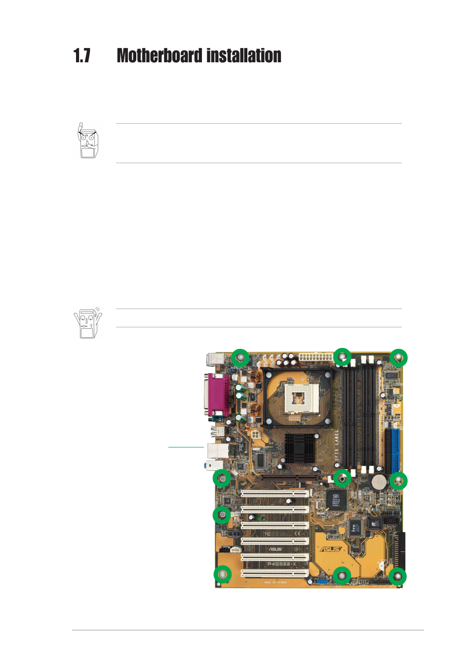 7 motherboard installation, 1 placement direction, 2 screw holes | Asus P4S533-X User Manual | Page 19 / 64