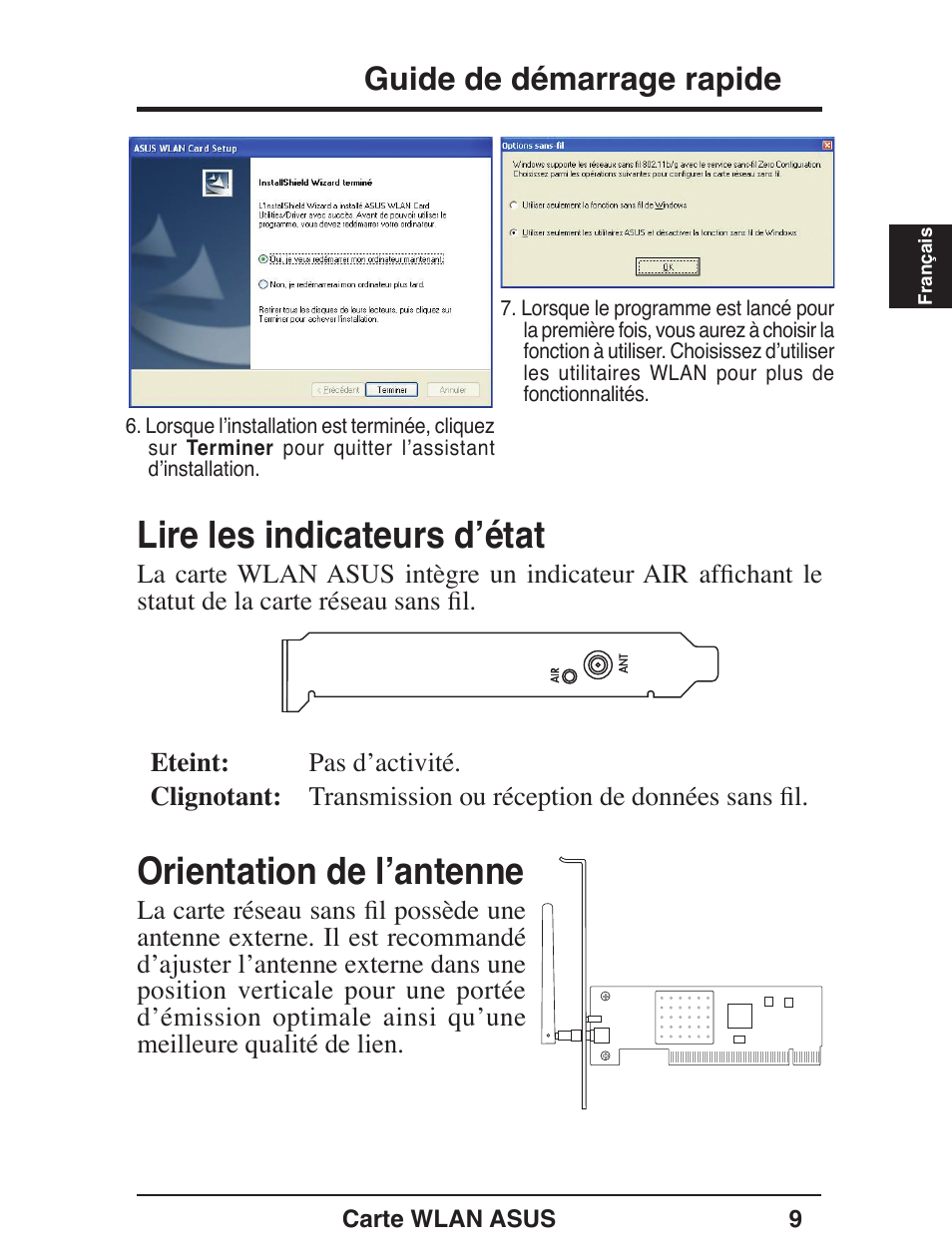 Lire les indicateurs dʼétat, Orientation de lʼantenne, Guide de démarrage rapide | Asus WL-138g User Manual | Page 10 / 51