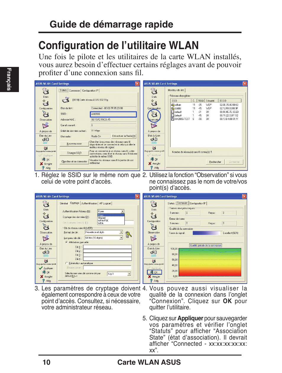 Conﬁguration de lʼutilitaire wlan, Guide de démarrage rapide | Asus WL-138g User Manual | Page 11 / 51