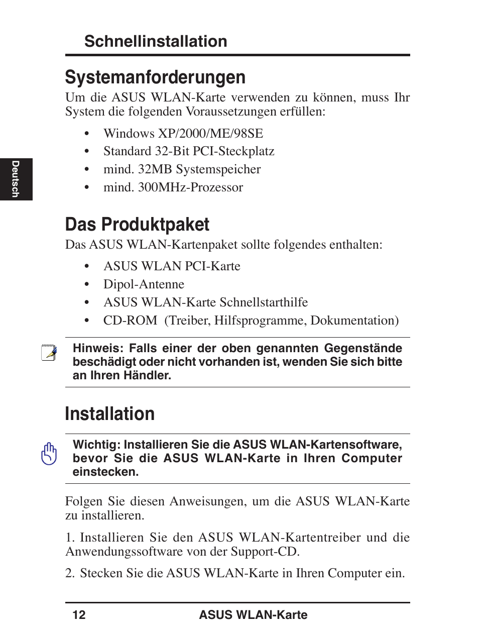 Systemanforderungen, Installation, Das produktpaket | Schnellinstallation | Asus WL-138g User Manual | Page 13 / 51