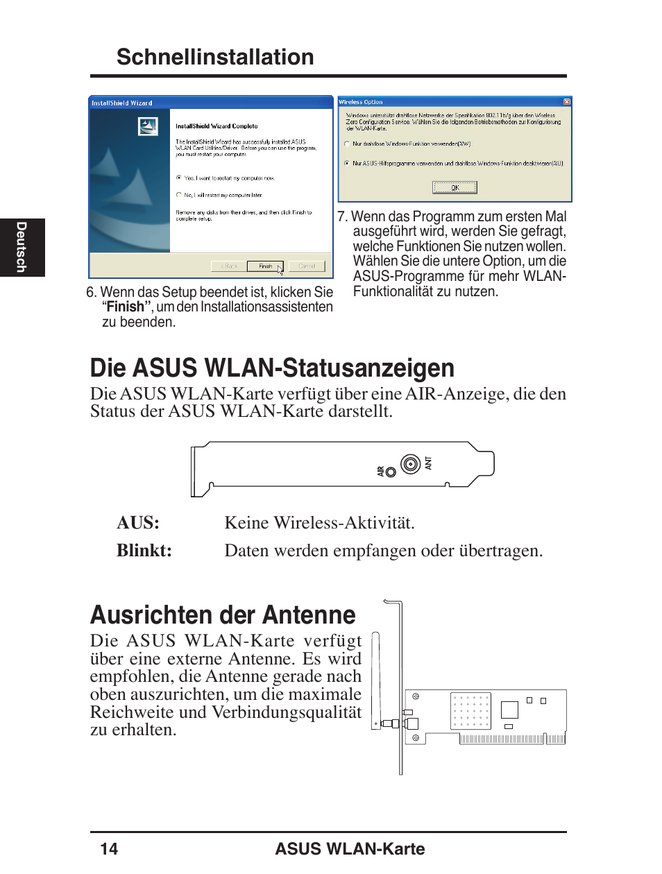 Die asus wlan-statusanzeigen, Ausrichten der antenne, Schnellinstallation | Asus WL-138g User Manual | Page 15 / 51