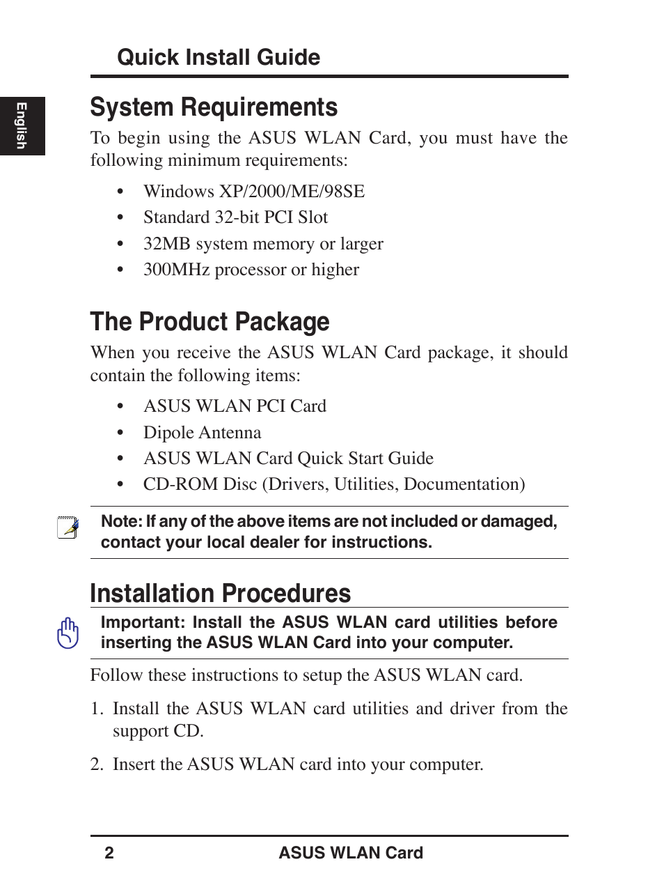 System requirements, The product package, Installation procedures | Quick install guide | Asus WL-138g User Manual | Page 3 / 51