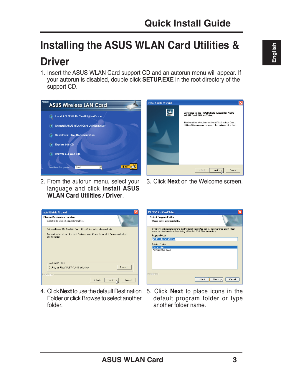 Installing the asus wlan card utilities & driver, Quick install guide | Asus WL-138g User Manual | Page 4 / 51