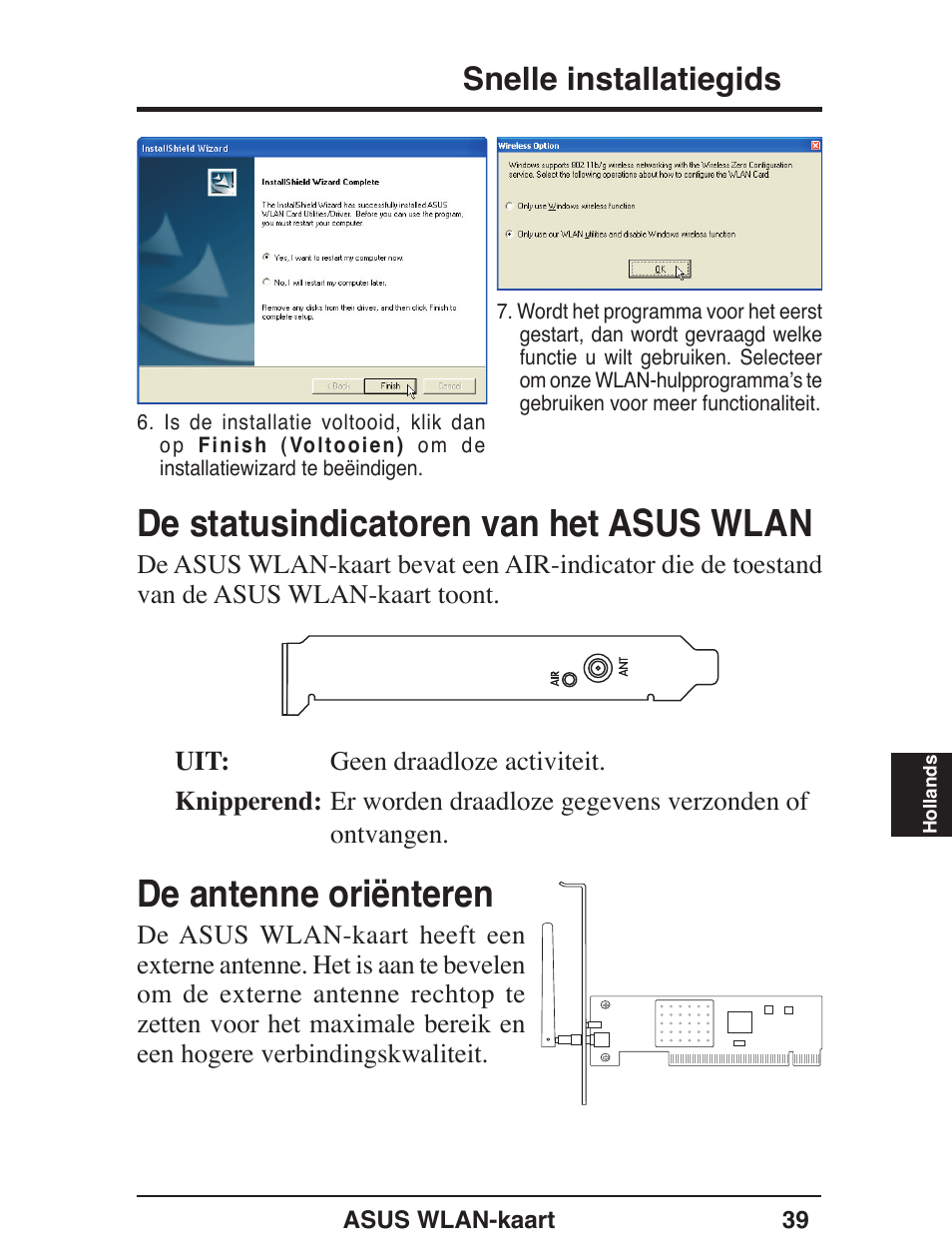 De statusindicatoren van het asus wlan, De antenne oriënteren, Snelle installatiegids | Asus WL-138g User Manual | Page 40 / 51