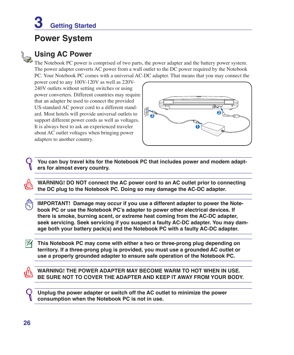 Power system, Using ac power | Asus VX5 User Manual | Page 26 / 94