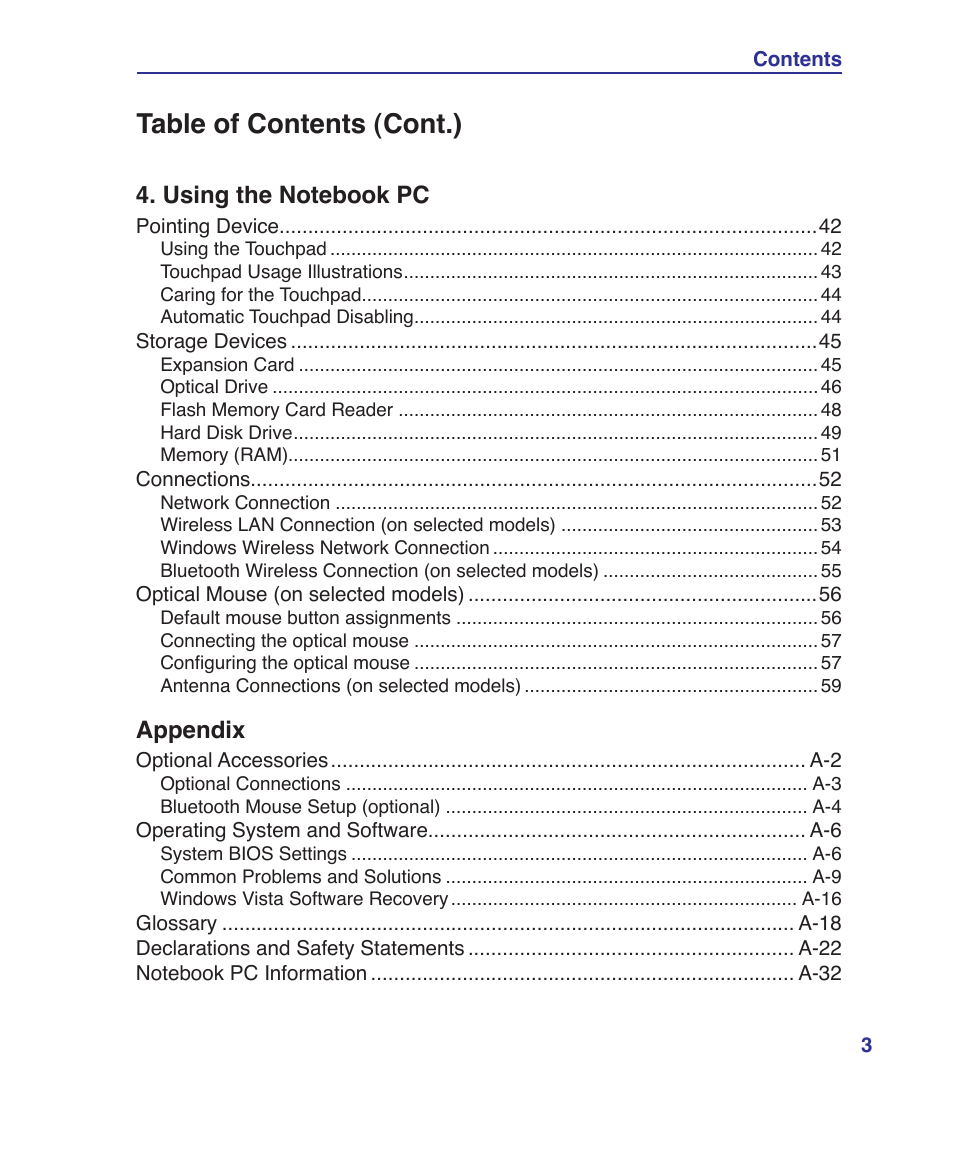 Table of contents (cont.), Appendix | Asus VX5 User Manual | Page 3 / 94
