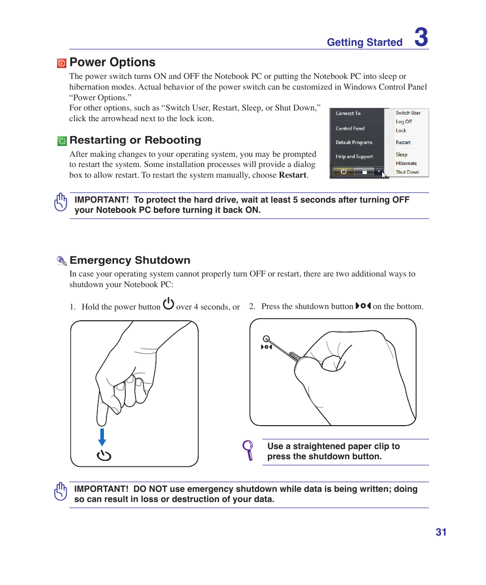 Power options | Asus VX5 User Manual | Page 31 / 94