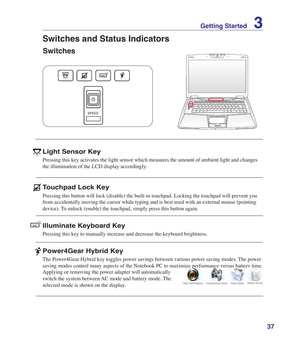 Switches and status indicators, Switches | Asus VX5 User Manual | Page 37 / 94