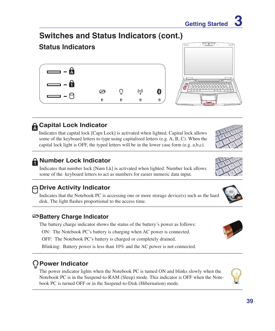 Status indicators, Switches and status indicators (cont.) | Asus VX5 User Manual | Page 39 / 94