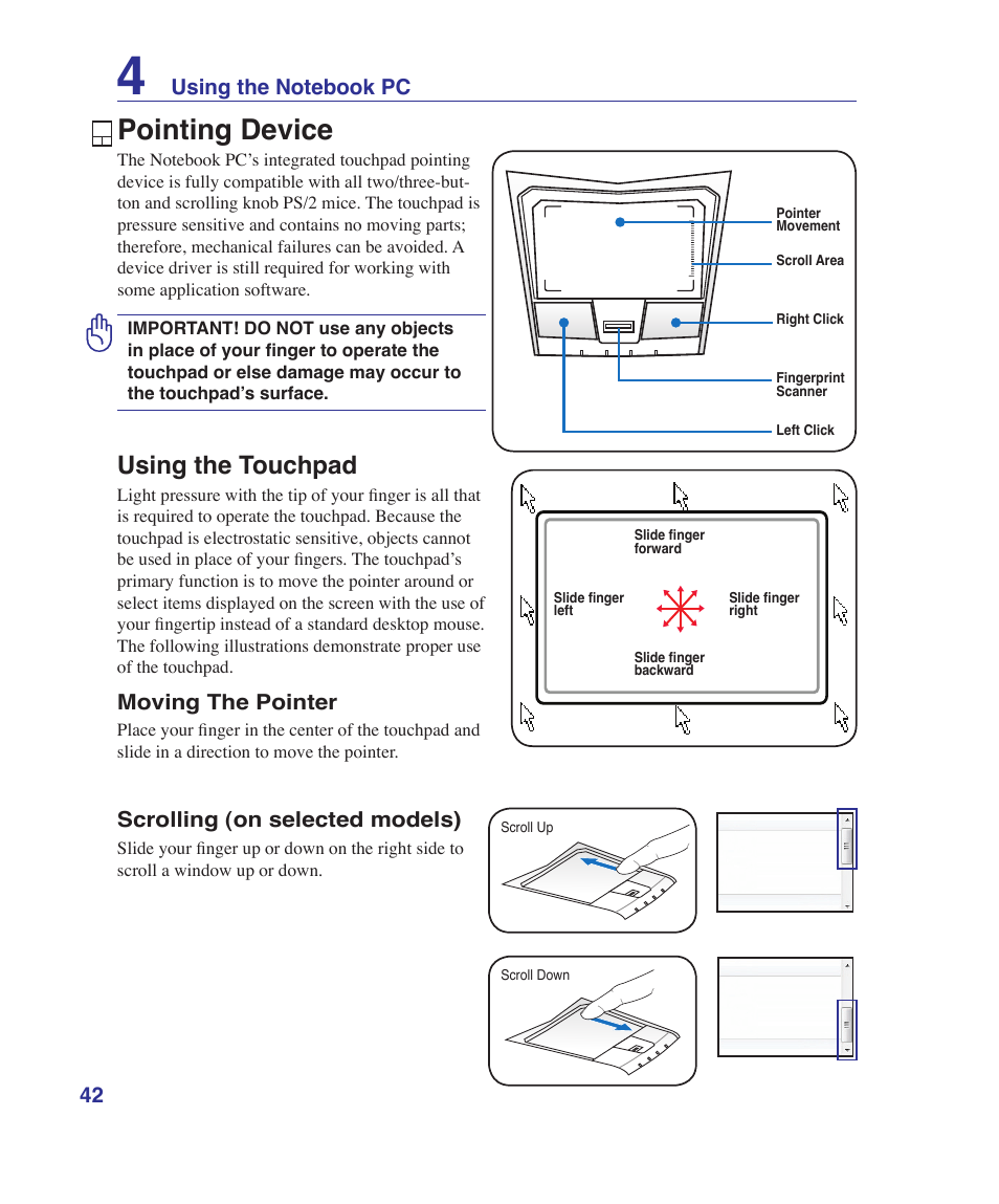 Pointing device, Using the touchpad | Asus VX5 User Manual | Page 42 / 94