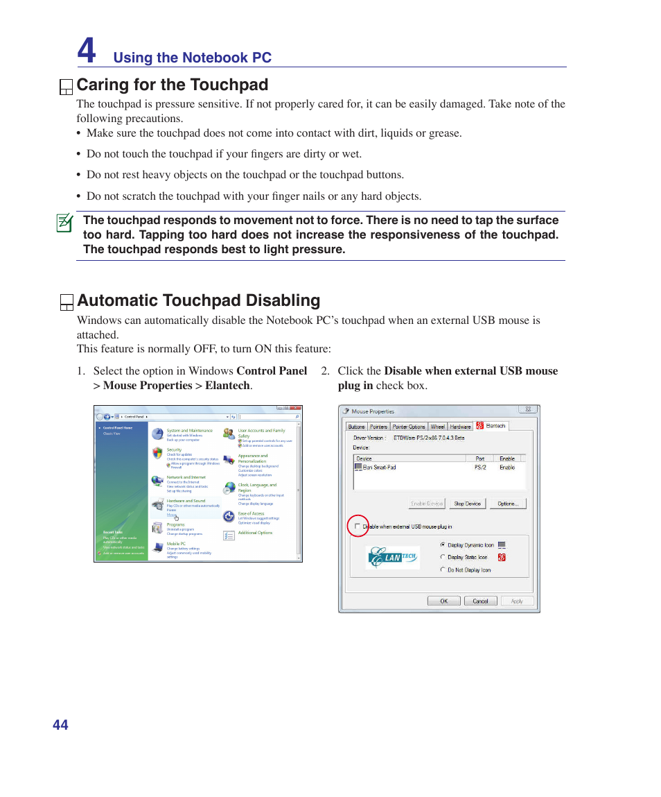 Caring for the touchpad, Automatic touchpad disabling | Asus VX5 User Manual | Page 44 / 94