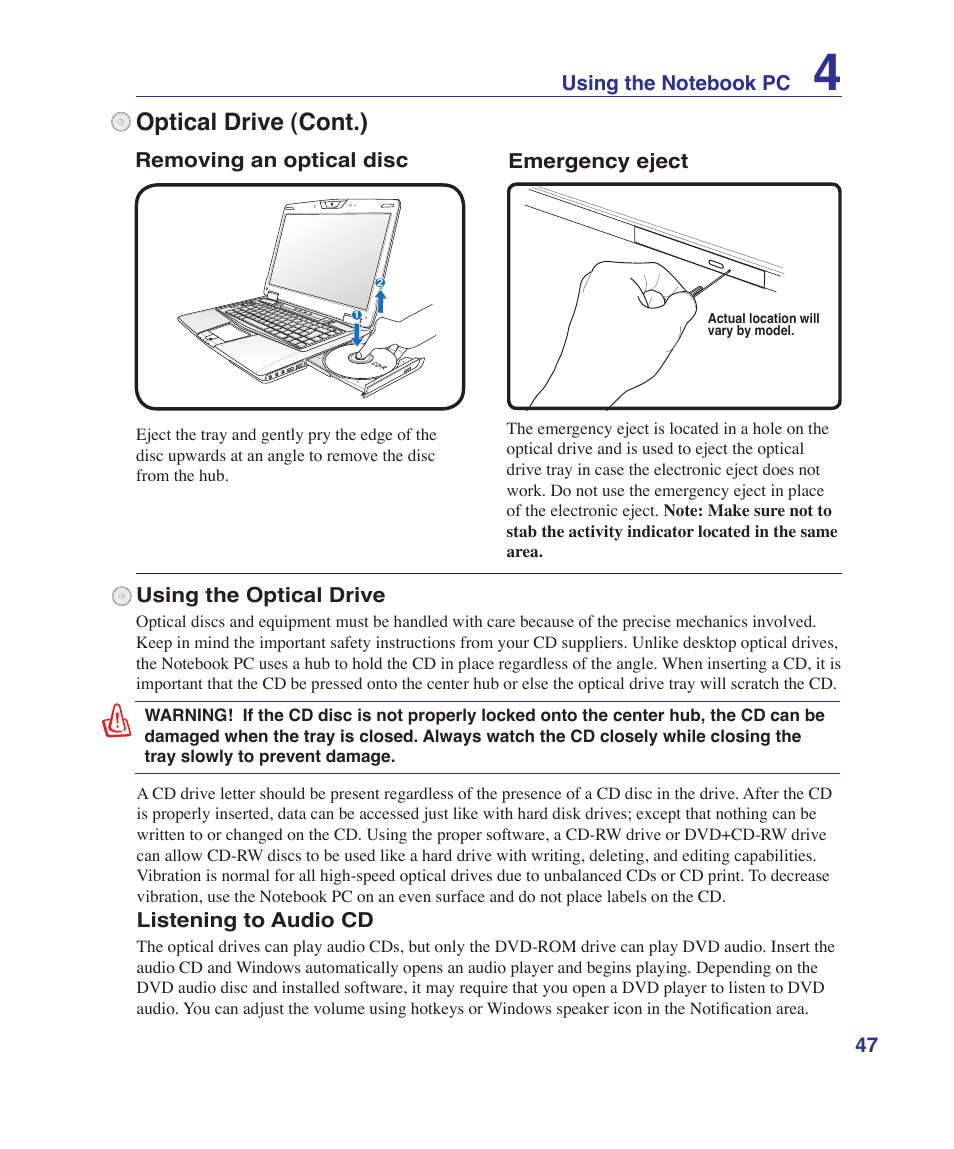 Optical drive (cont.) | Asus VX5 User Manual | Page 47 / 94