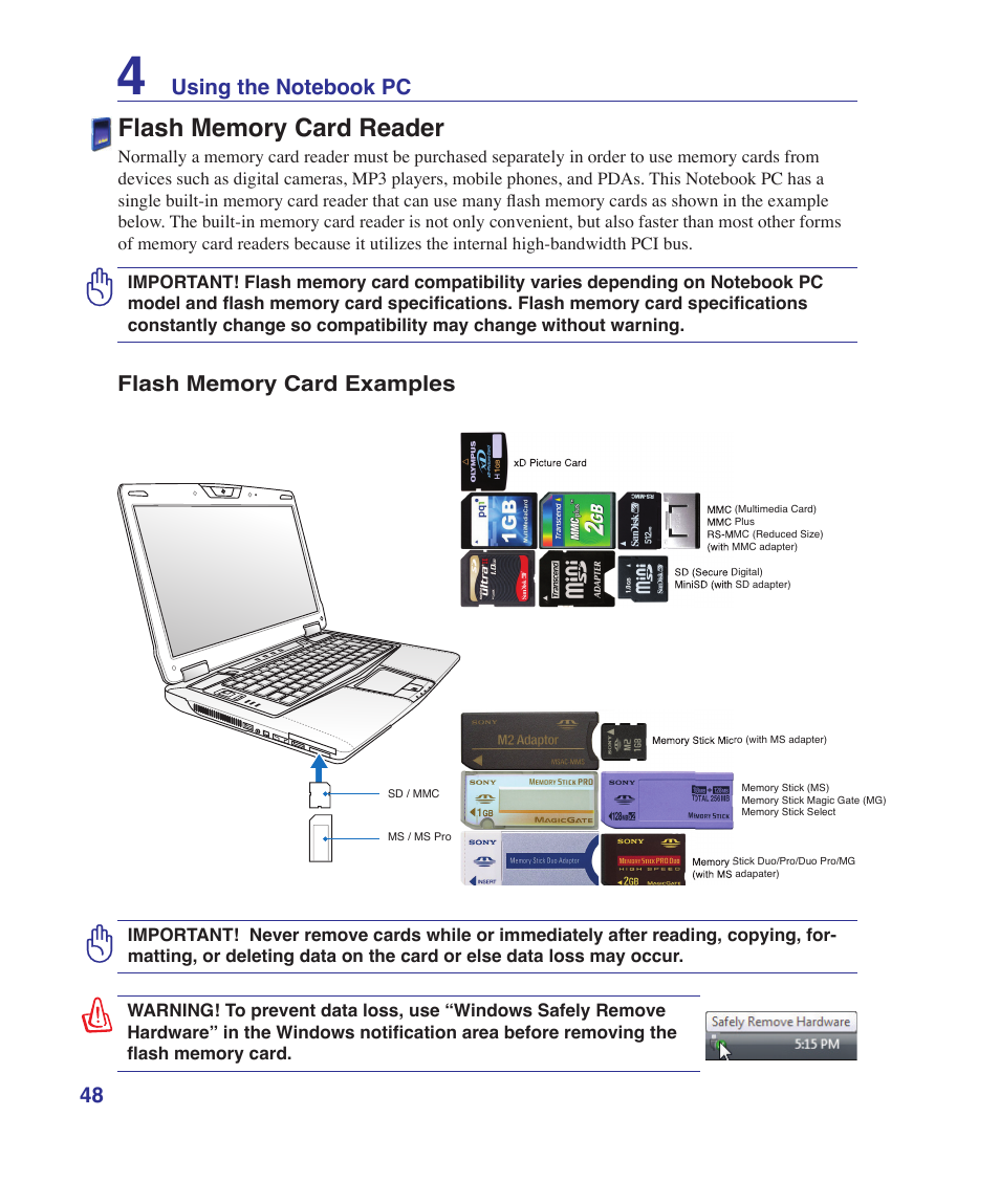 Flash memory card reader | Asus VX5 User Manual | Page 48 / 94