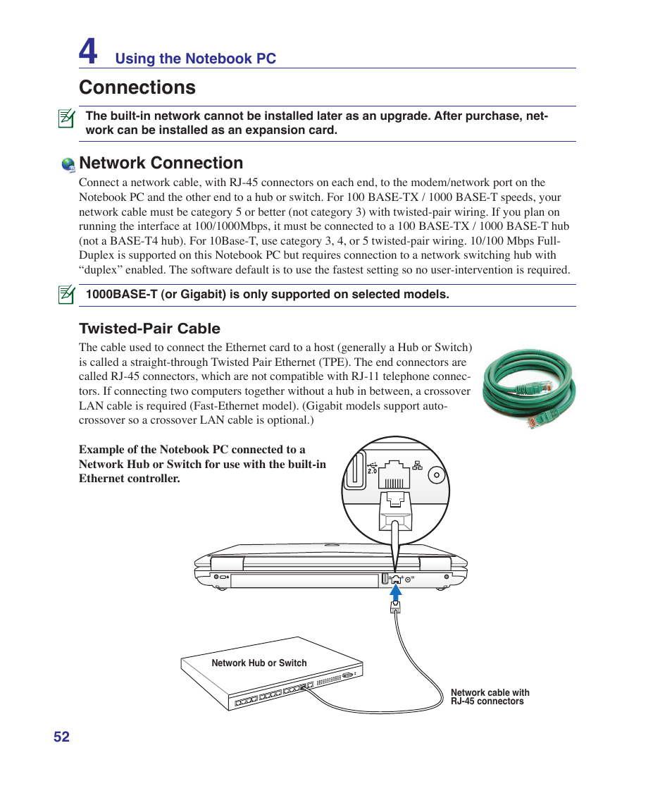 Connections, Network connection | Asus VX5 User Manual | Page 52 / 94