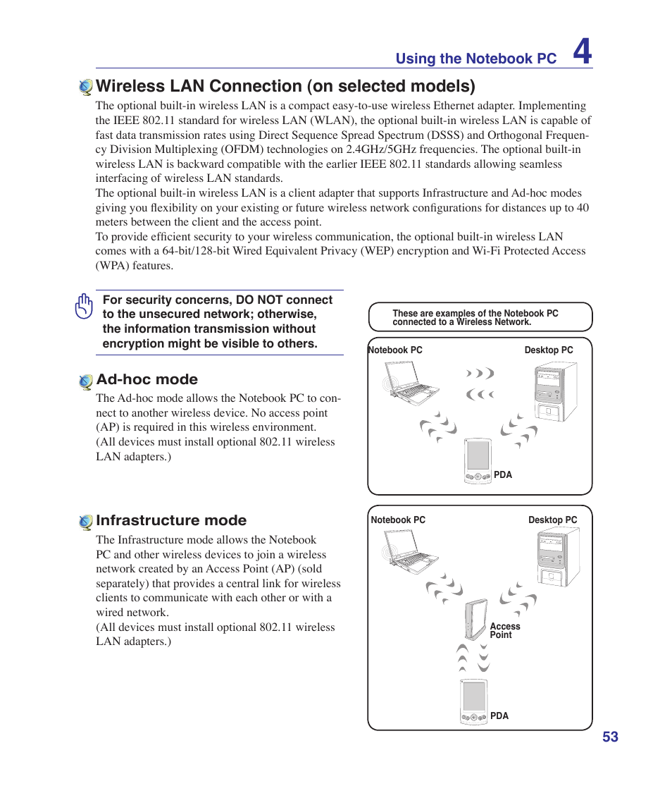 Wireless lan connection (on selected models) | Asus VX5 User Manual | Page 53 / 94