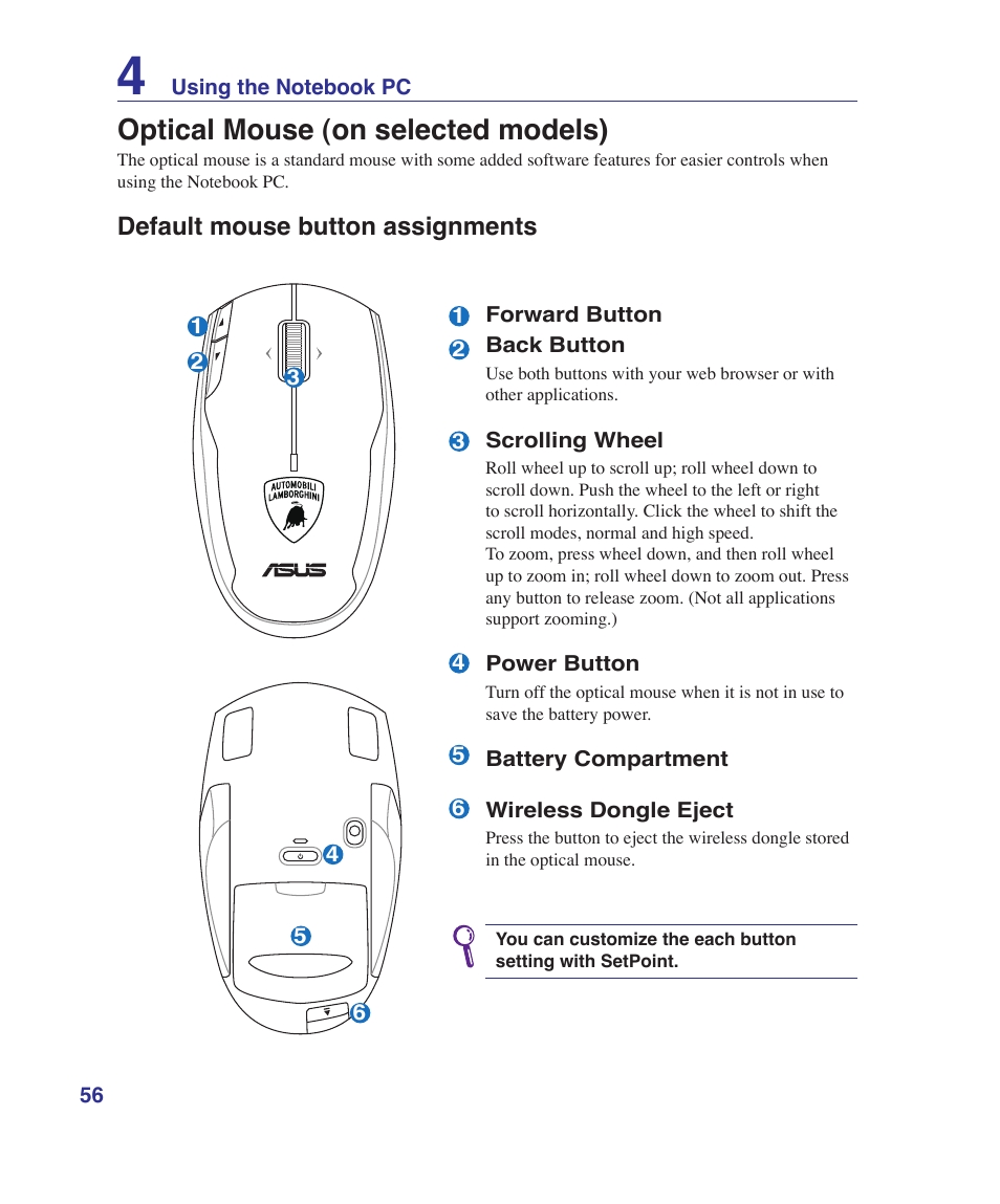 Optical mouse (on selected models), Default mouse button assignments | Asus VX5 User Manual | Page 56 / 94