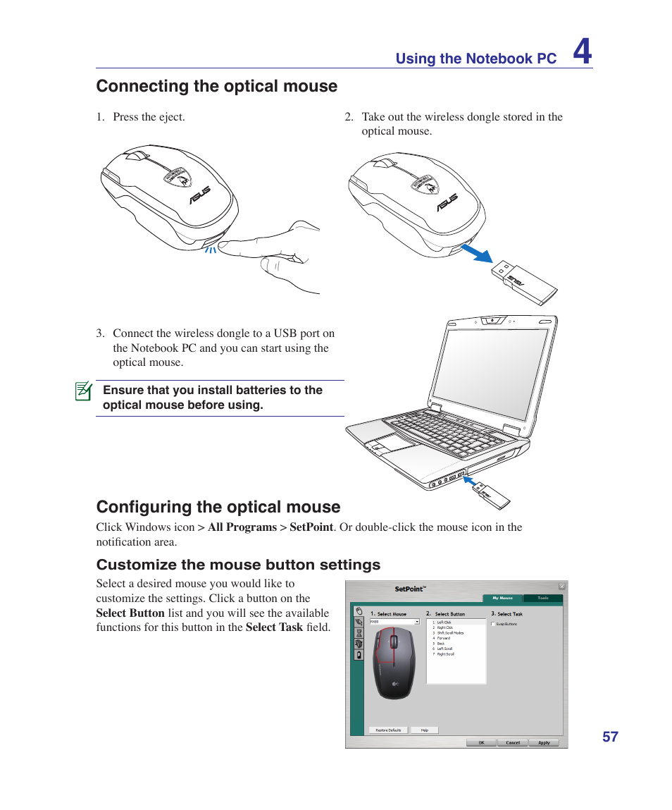 Connecting the optical mouse, Configuring the optical mouse | Asus VX5 User Manual | Page 57 / 94