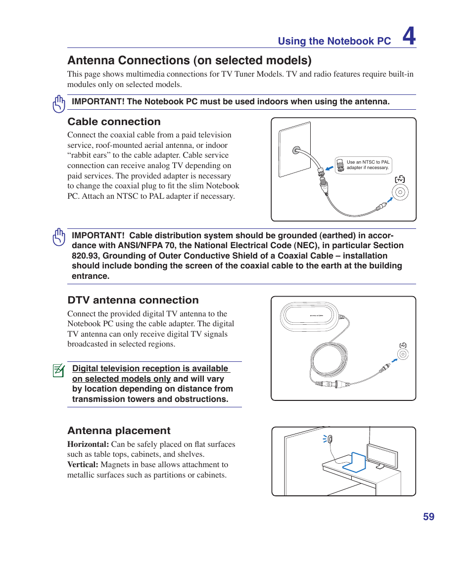 Antenna connections (on selected models) | Asus VX5 User Manual | Page 59 / 94