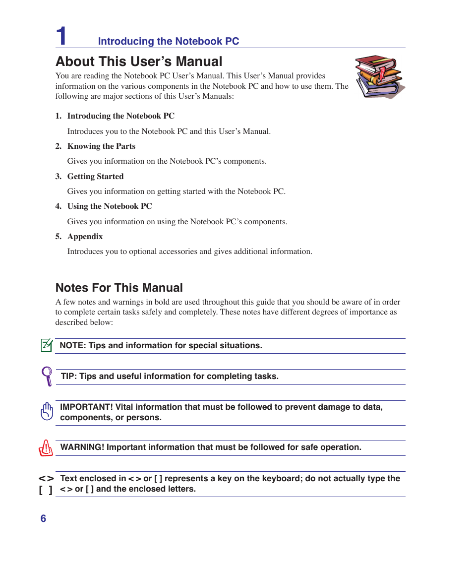 About this user’s manual, Notes for this manual | Asus VX5 User Manual | Page 6 / 94