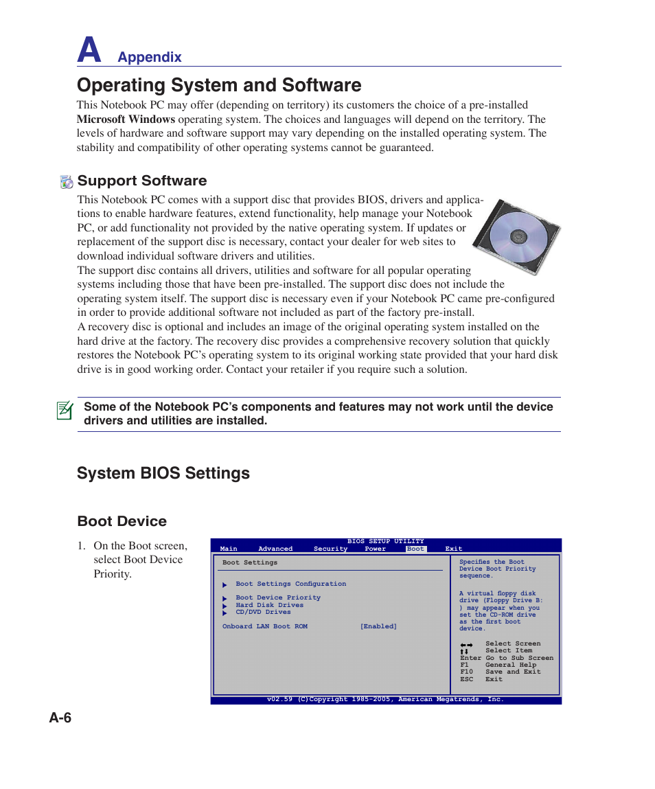 Operating system and software, System bios settings, Appendix support software | Boot device | Asus VX5 User Manual | Page 66 / 94