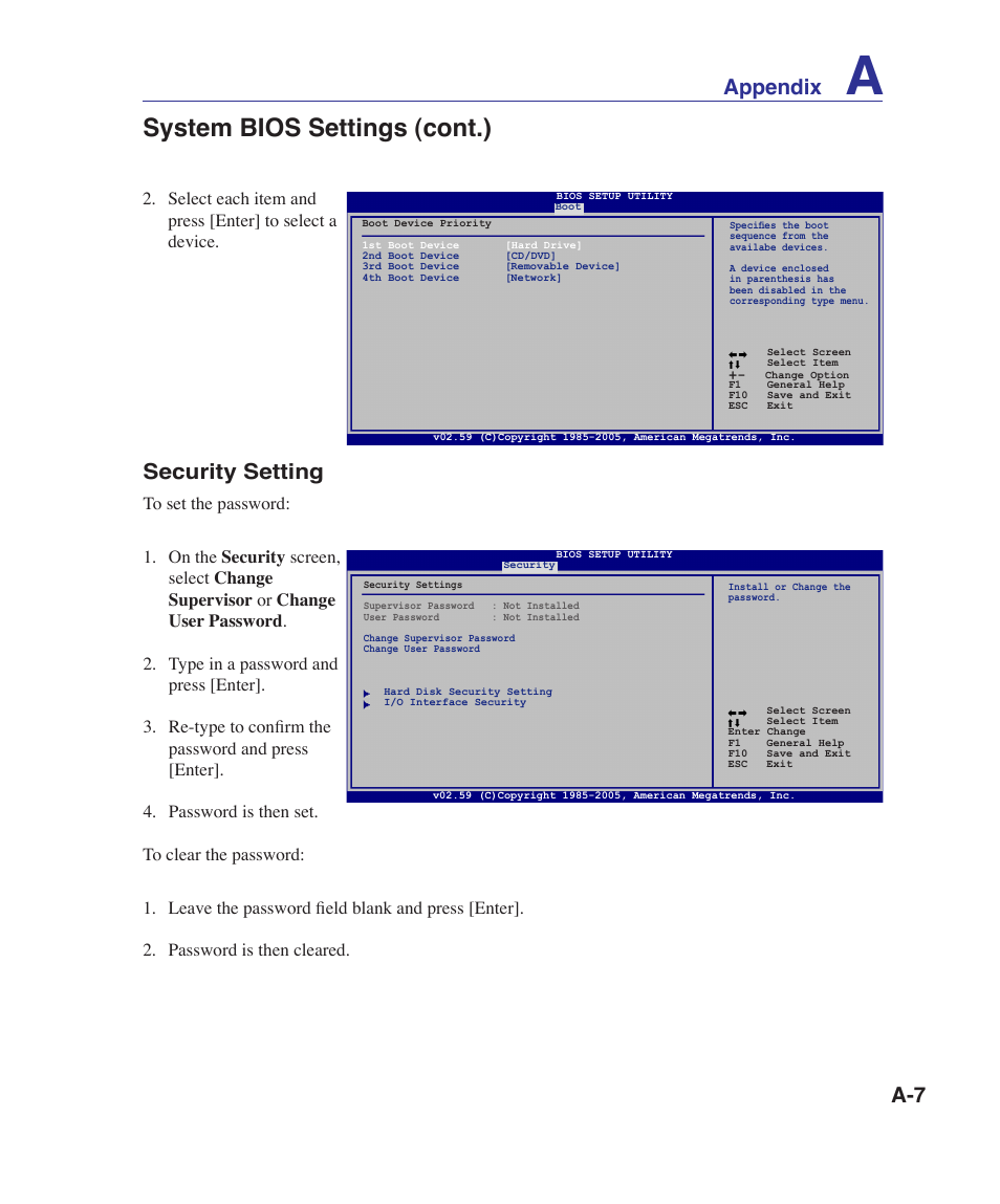 System bios settings (cont.), A-7 appendix, Security setting | Asus VX5 User Manual | Page 67 / 94