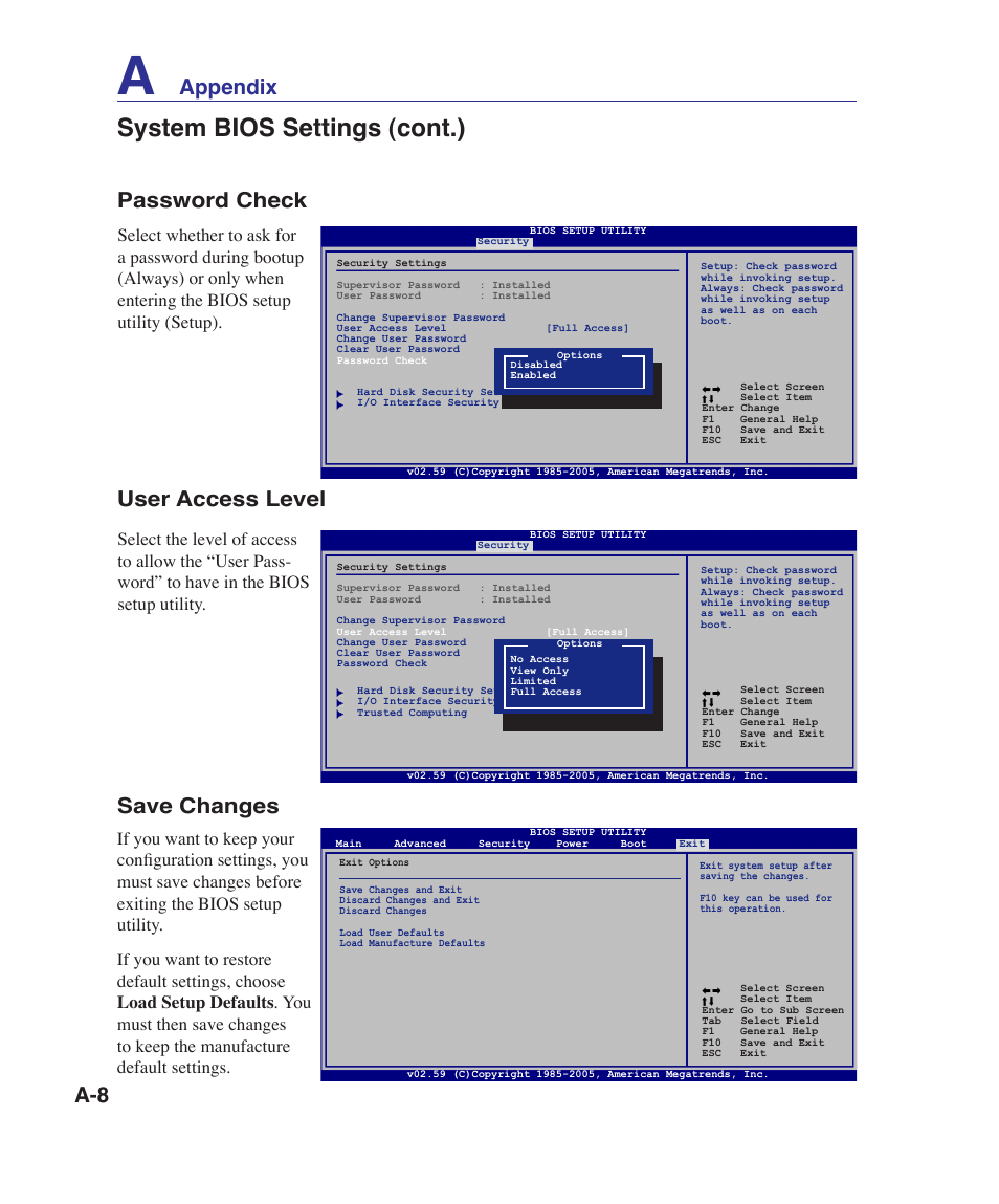 System bios settings (cont.), Password check, User access level save changes | Appendix | Asus VX5 User Manual | Page 68 / 94