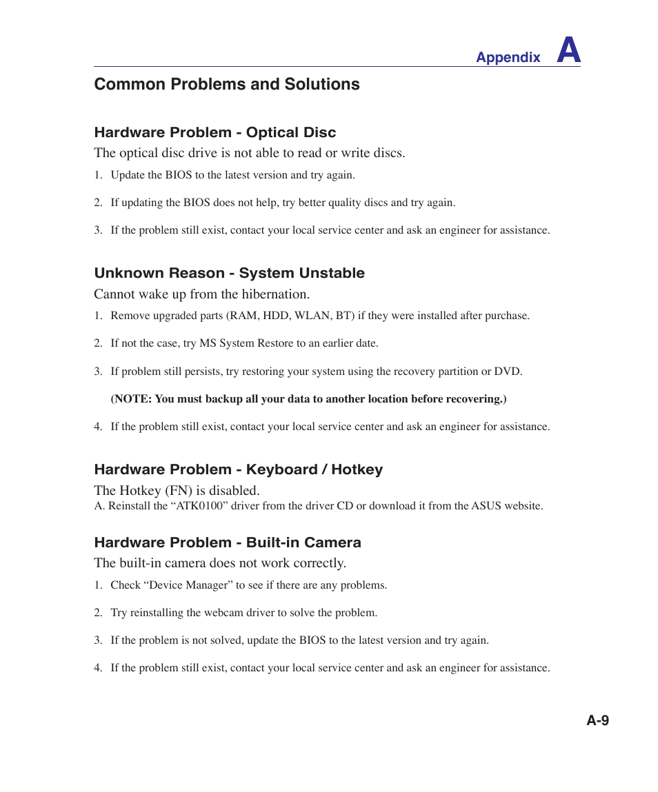 Common problems and solutions | Asus VX5 User Manual | Page 69 / 94