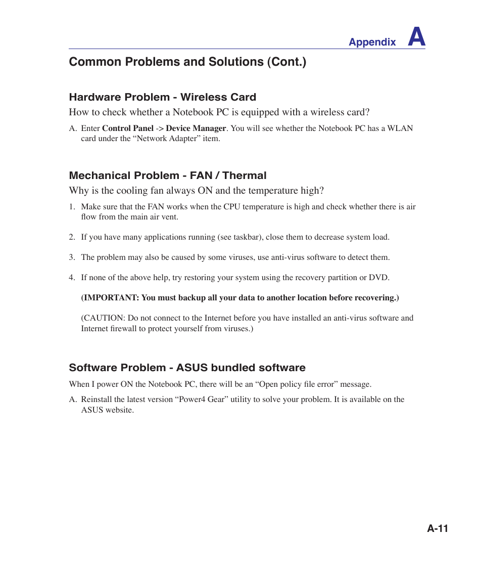 Common problems and solutions (cont.) | Asus VX5 User Manual | Page 71 / 94