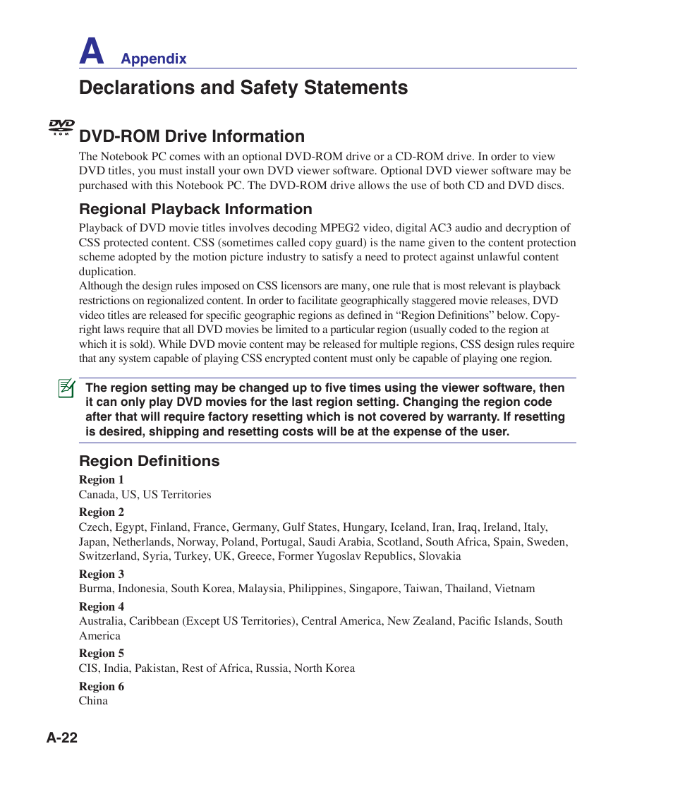 Declarations and safety statements, Dvd-rom drive information | Asus VX5 User Manual | Page 82 / 94