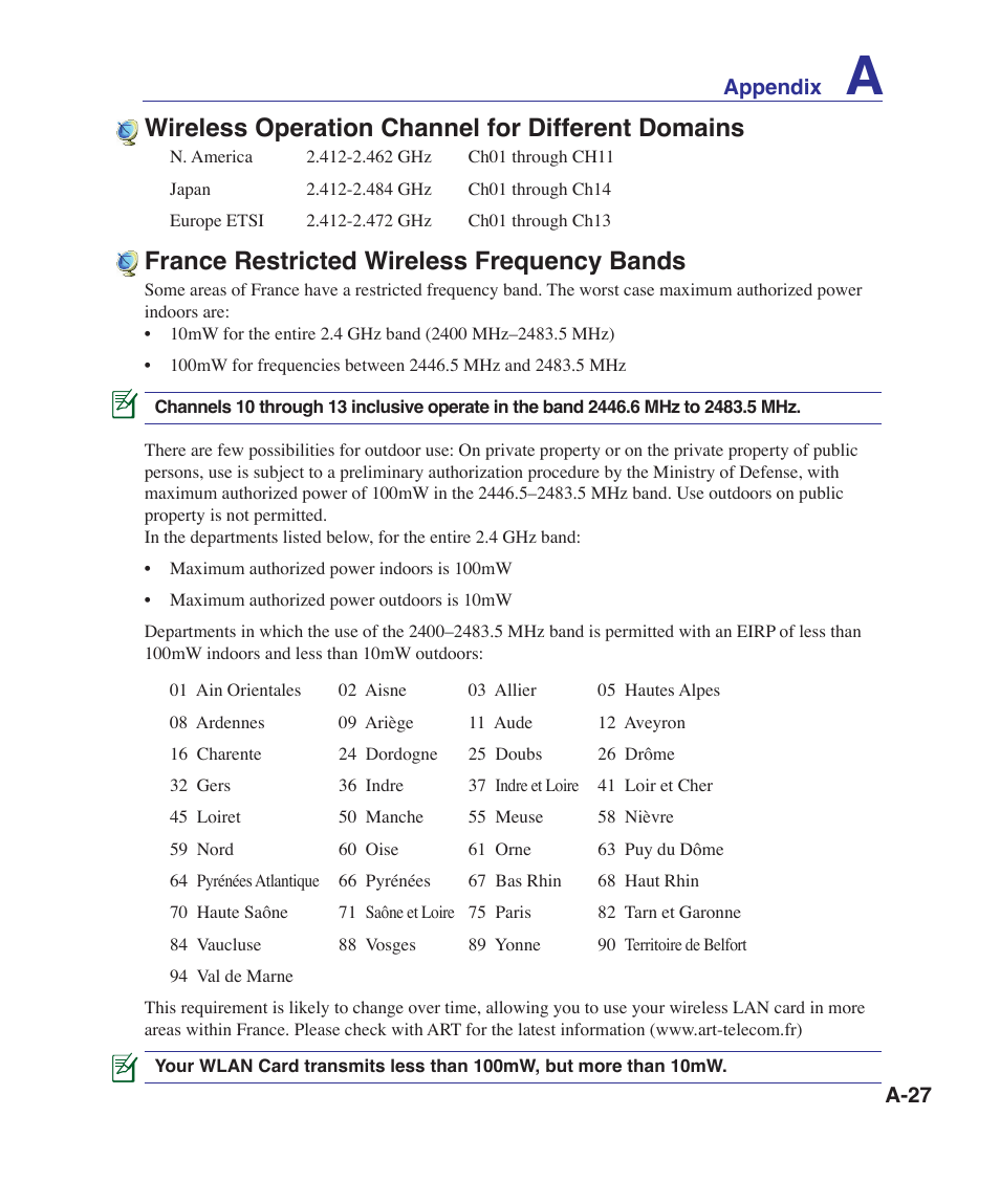 France restricted wireless frequency bands, Wireless operation channel for different domains | Asus VX5 User Manual | Page 87 / 94