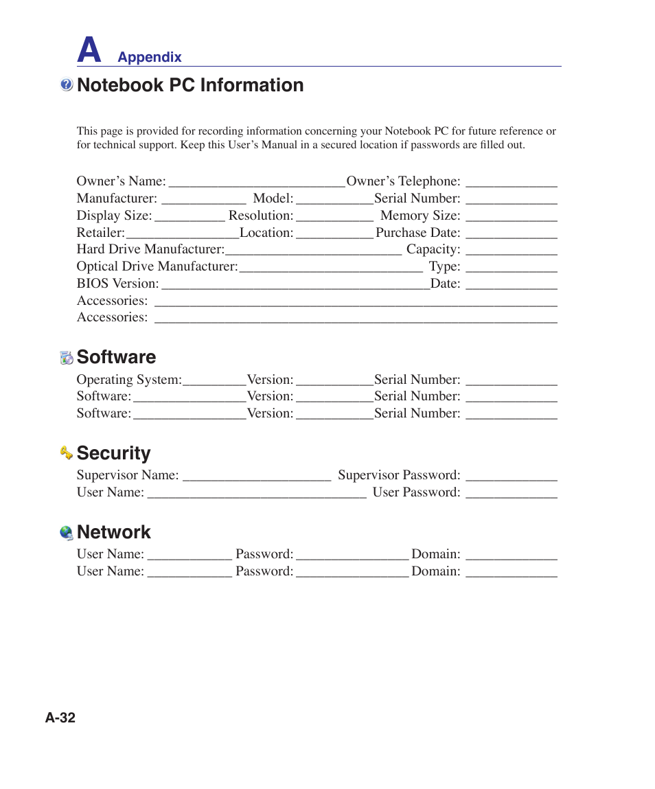 Notebook pc information, Software, Security | Network | Asus VX5 User Manual | Page 92 / 94