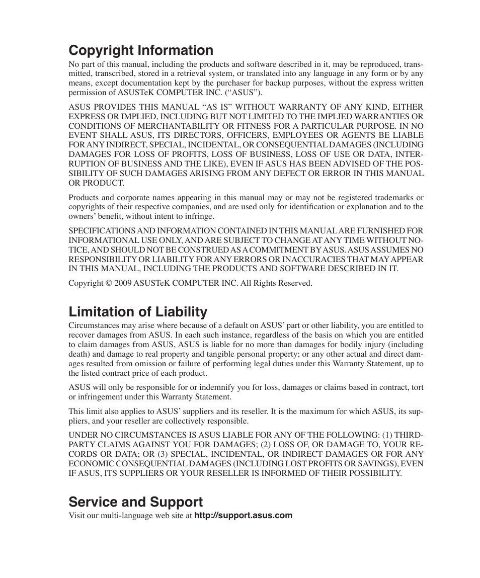 Copyright information, Limitation of liability, Service and support | Asus VX5 User Manual | Page 94 / 94