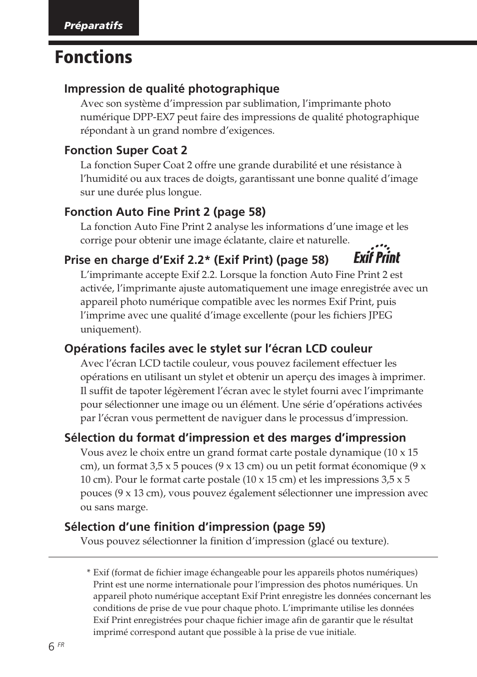 Préparatifs, Fonctions | Sony DPP-EX7 User Manual | Page 104 / 296