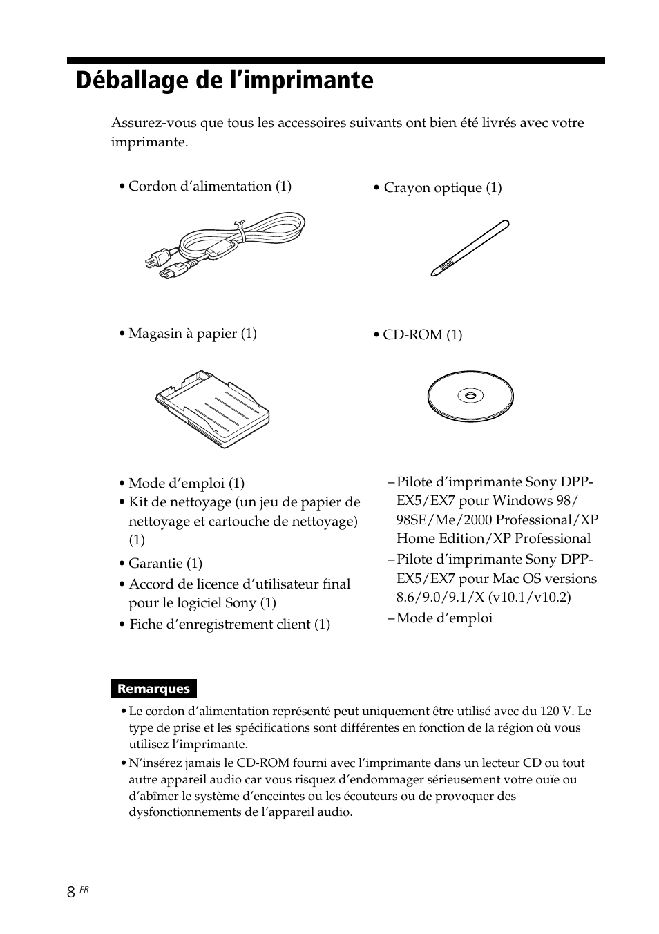 Déballage de l’imprimante | Sony DPP-EX7 User Manual | Page 106 / 296