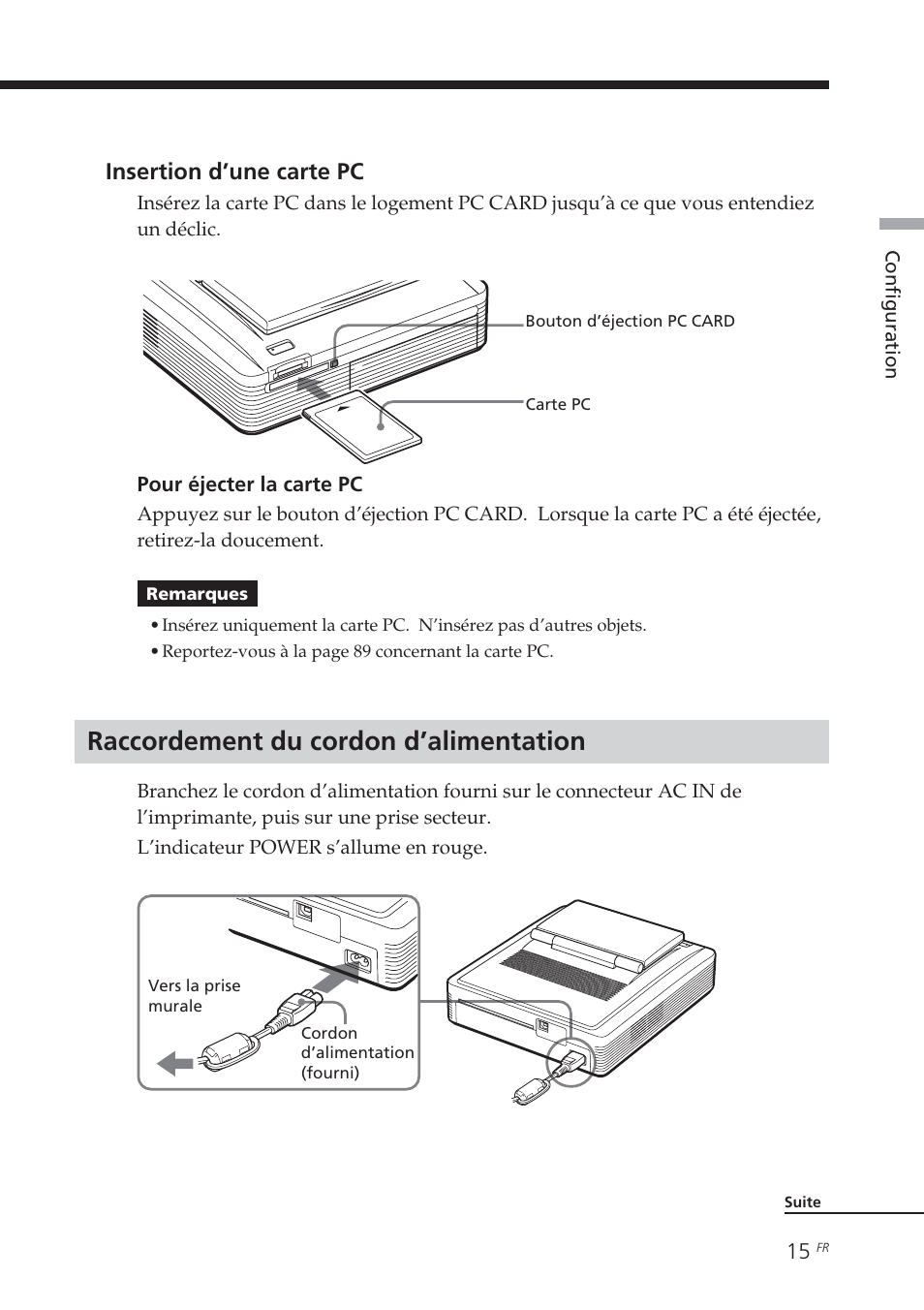 Raccordement du cordon d’alimentation, Insertion d’une carte pc | Sony DPP-EX7 User Manual | Page 113 / 296