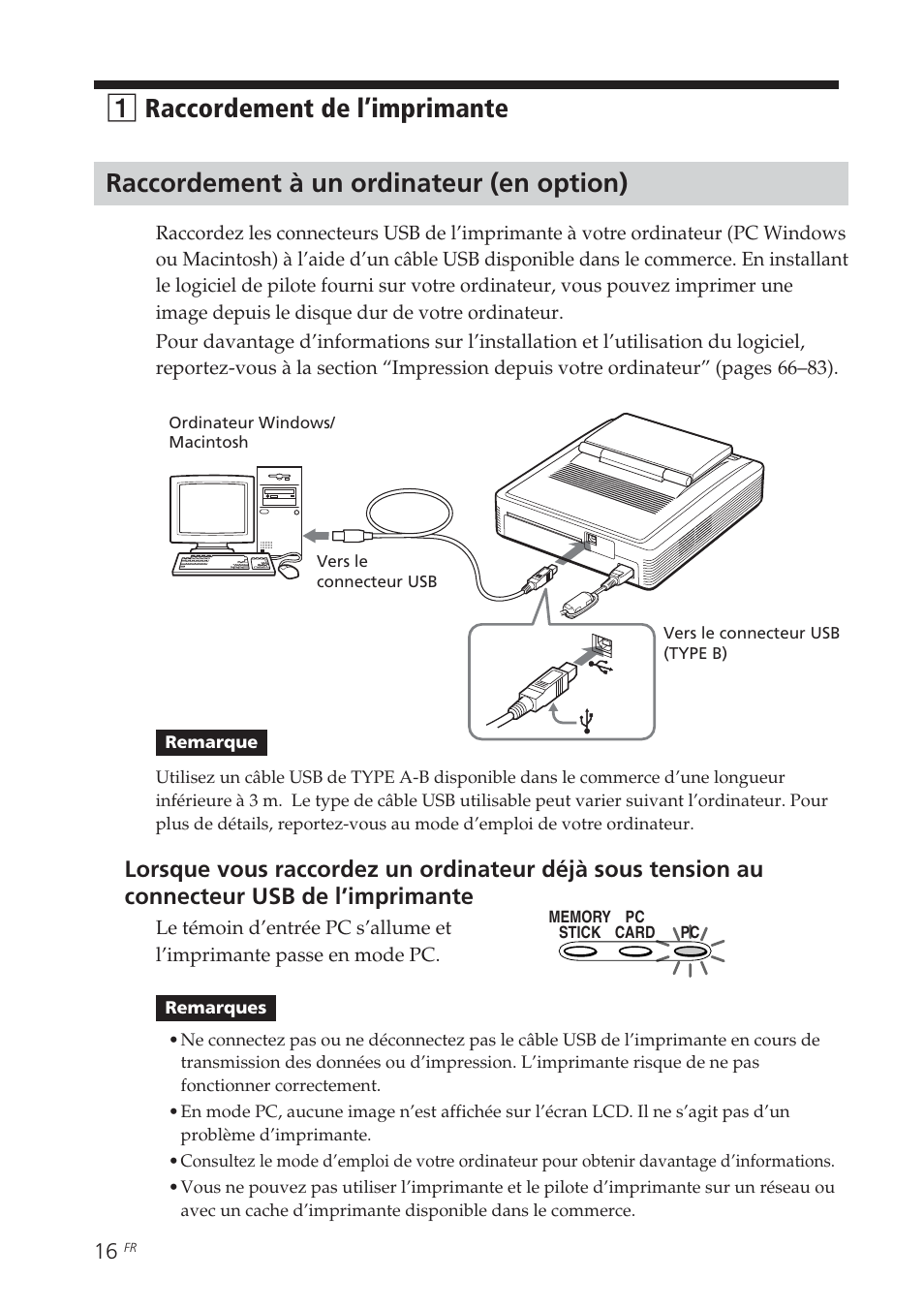 Raccordement à un ordinateur (en option), 1raccordement de l’imprimante | Sony DPP-EX7 User Manual | Page 114 / 296