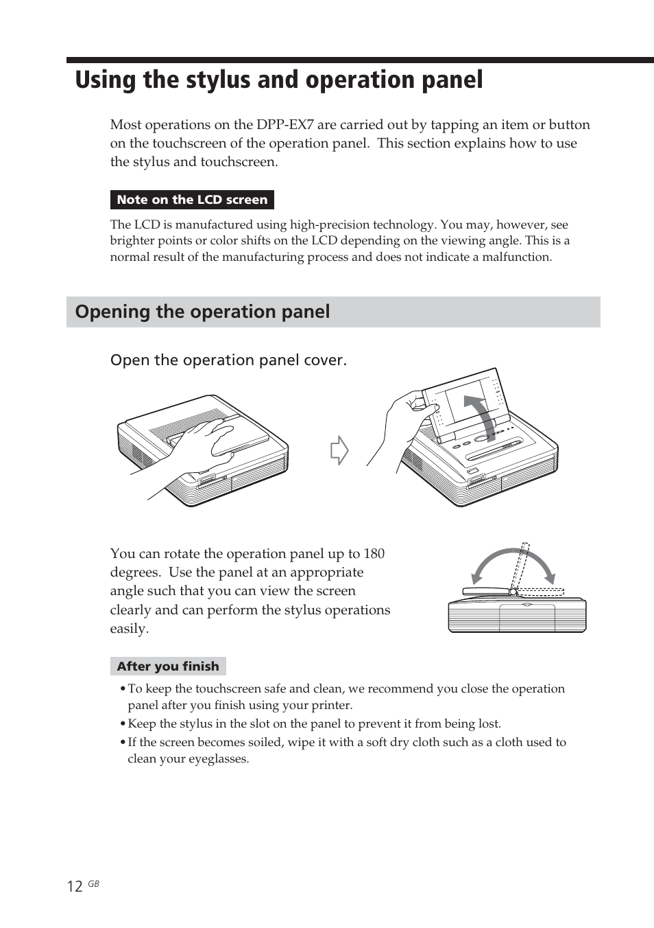 Using the stylus and operation panel, Opening the operation panel, Operation panel | Sony DPP-EX7 User Manual | Page 12 / 296