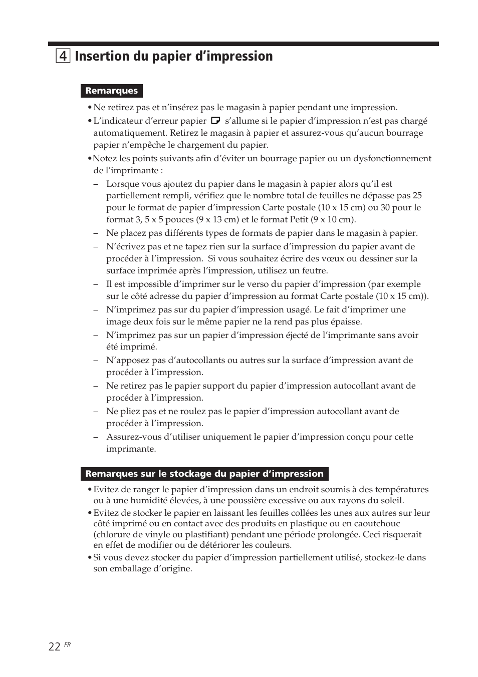 4insertion du papier d’impression | Sony DPP-EX7 User Manual | Page 120 / 296